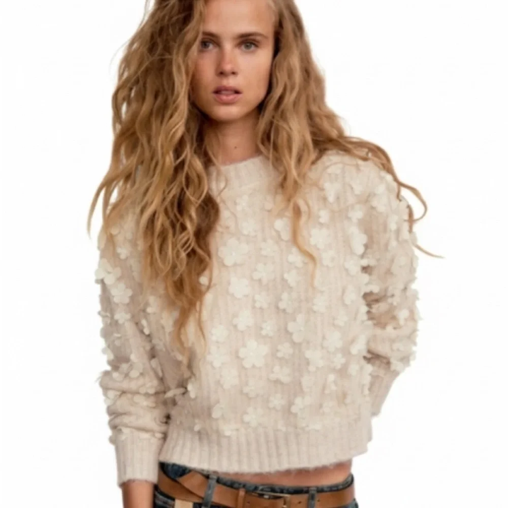Zara Cream Combination Knit Floral Sweater Size Small Excellent Condition!